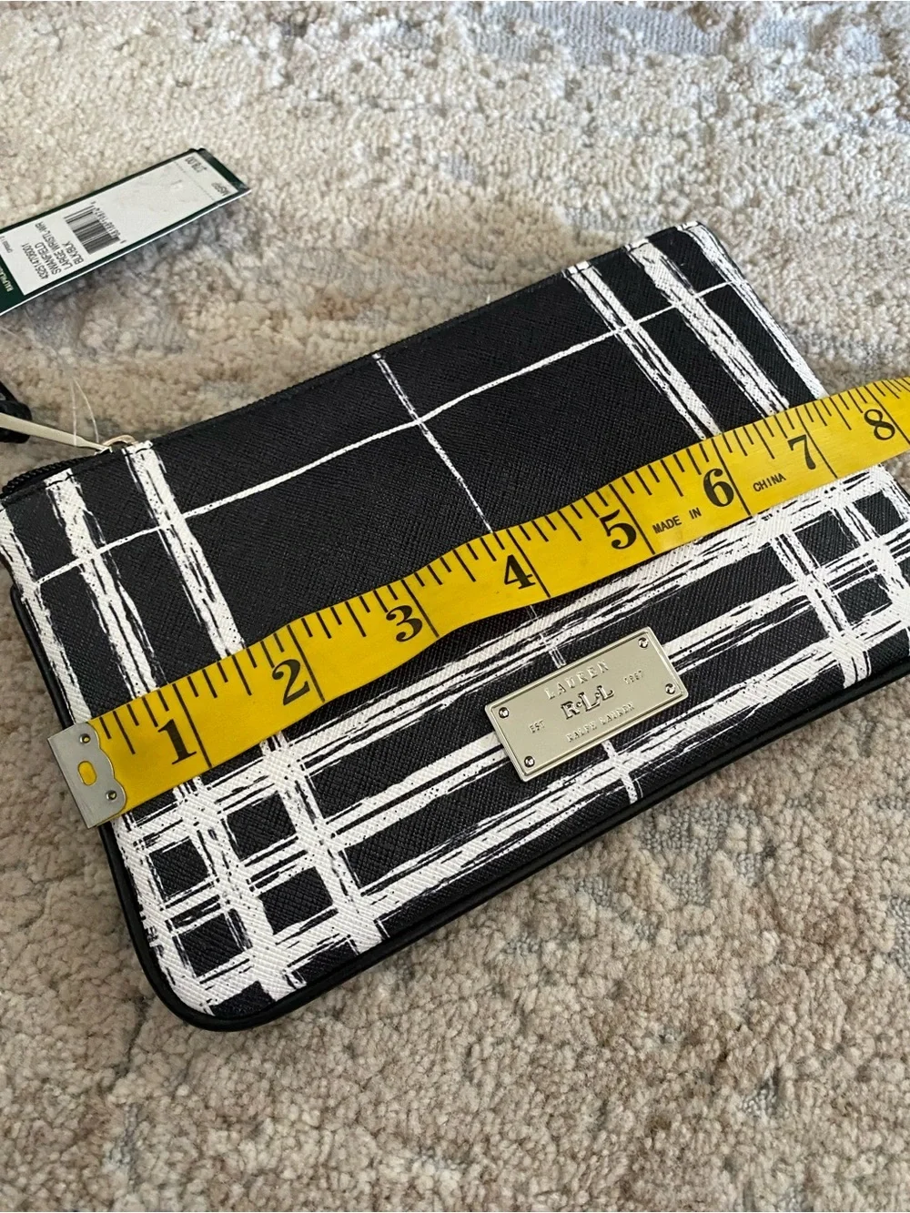 Ralph Lauren Swanfield Large Wristlet Clutch Black & White Plaid Checked Wallet
